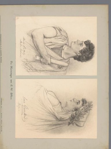 Two photographic reproductions of drawings, depicting a portrait of Alexander Barthel as Marcus Antonius and a portrait of Anna Haverland as Iphigenia
