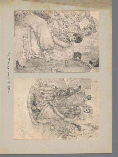 Two photographic reproductions of drawings, depicting a portrait of an actress in an interior and actresses dressing in a dressing room