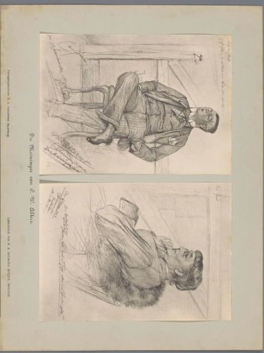 Two photographic reproductions of drawings, depicting a portrait of five actors playing cards in a train compartment and a portrait of three actors in a train compartment