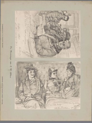 Two photographic reproductions of drawings, depicting a portrait of five actors playing cards in a train compartment and a portrait of three actors in a train compartment