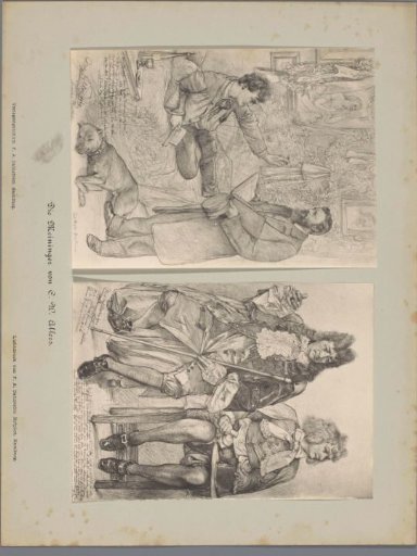 Two photographic reproductions of drawings, depicting two actors in an interior with a dog and a portrait of two actors in costume