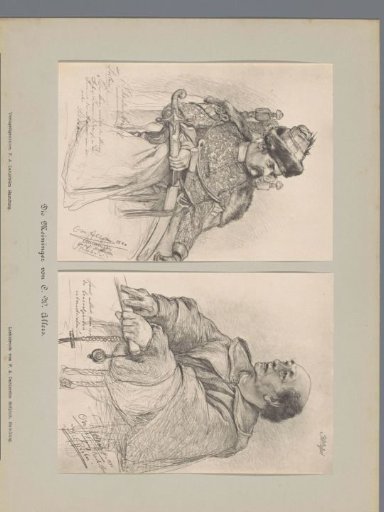 Two photographic reproductions of drawings, depicting a portrait of an actor in Slavic costume and a portrait of an actor in monk's costume