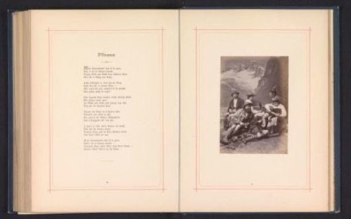 Dining company in costume before a mountain landscape