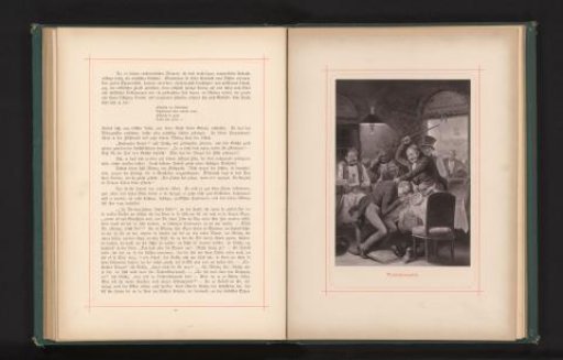 Photographic reproduction of a painting of a group of men drinking in a hall, one of the men is about to strike another with a stick