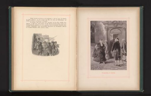 Photographic reproduction of a painting of a woman in front of an entrance gate with four men in front of her