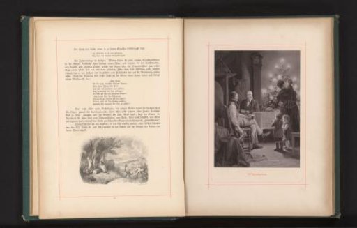 Photographic reproduction of a painting of a family at a table and a Christmas tree on Christmas Eve