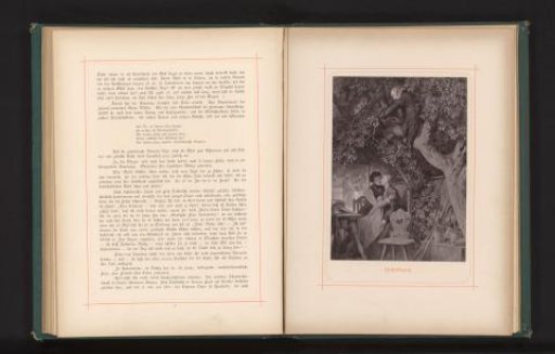 Photographic reproduction of a painting of a man and a woman sitting in a garden, with a man sitting in a tree above them