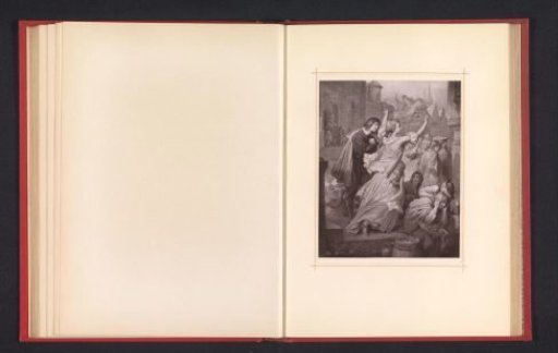 Photographic reproduction of a drawing depicting Clärchen urging the inhabitants of Brussels