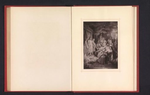 Photographic reproduction of a drawing depicting Johann Wolfgang von Goethe being crowned by a company in Weimar