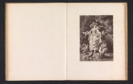 Photographic reproduction of a print, presumably depicting Lili Schönemann with birds in the park