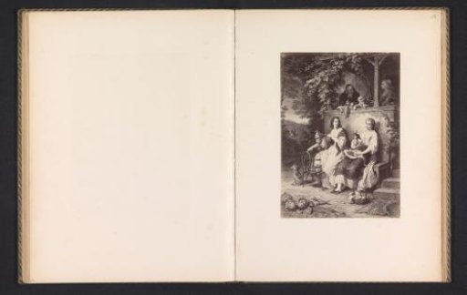 Photographic reproduction of a print, presumably depicting Friederike Brion and a spinning woman in front of a building