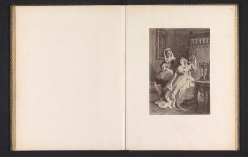 Photographic reproduction of a print of a scene from Die natürliche Tochter, depicting Eugenie trying on her new jewelry