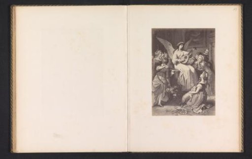 Photographic reproduction of a print of a scene from Wilhelm Meisters Lehrjahre, depicting a singing angel with a lute among children