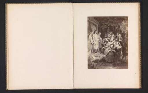 Photographic reproduction of an engraving depicting Johann Wolfgang von Goethe being crowned by a company in Weimar