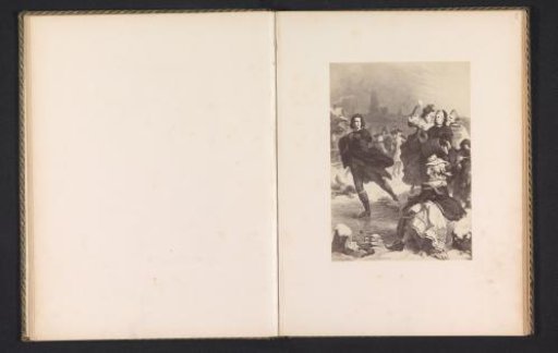 Photographic reproduction of an engraving depicting Johann Wolfgang von Goethe skating on a frozen river in Frankfurt