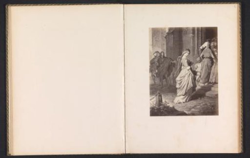 Photographic reproduction of a print of a scene from Faust, depicting Gretchen on her way to church