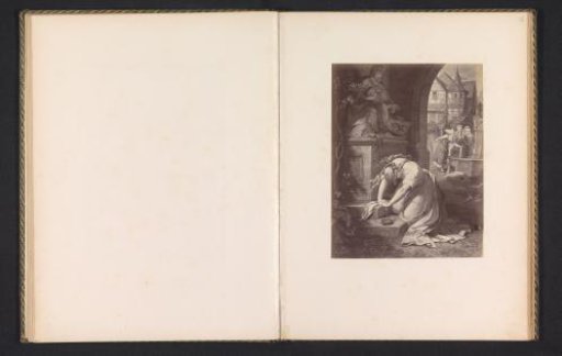 Photographic reproduction of a print of a scene from Faust, depicting Gretchen before a sculpture of the Pietà
