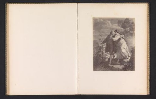 Photographic reproduction of a print of a scene from Hermann und Dorothea, depicting Hermann and Dorothea during a walk