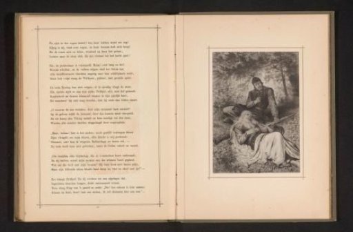 Photographic reproduction of a drawing of Frithjof near a sleeping king in the forest