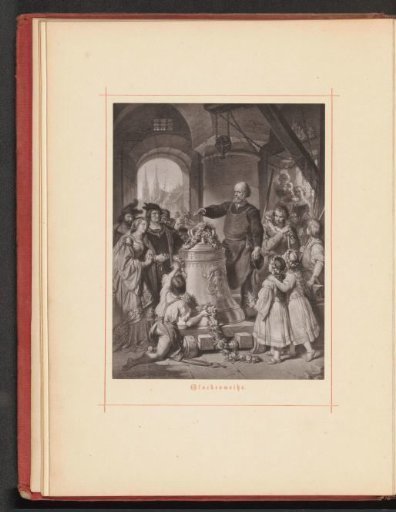 Photographic reproduction of a drawing of the inauguration of a bell in a bell foundry