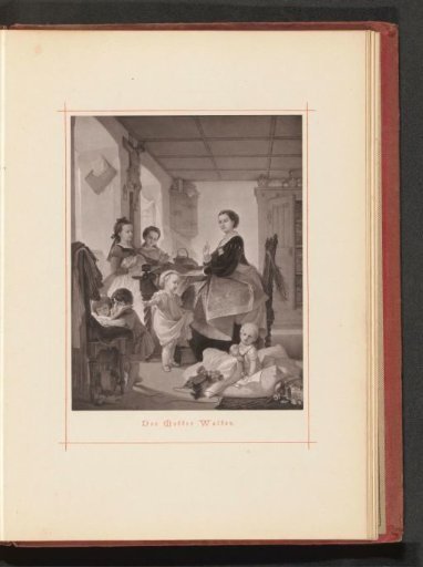 Photographic reproduction of a drawing of a woman with six children in a room