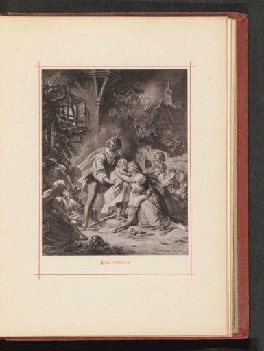 Photographic reproduction of a drawing of a family fleeing a fire