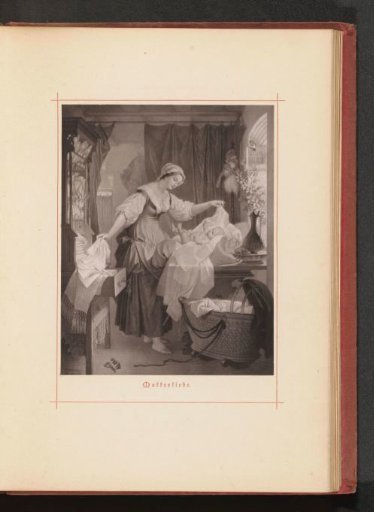 Photographic reproduction of a drawing of a woman changing a baby