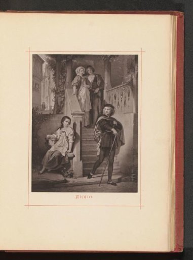 Photographic reproduction of a drawing of a boy walking away from a house where his family is presumably watching him