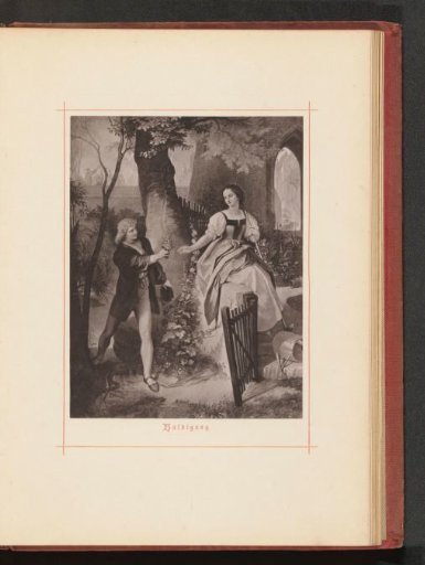 Photographic reproduction of a drawing of a man giving flowers to a woman
