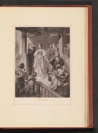 Photographic reproduction of a drawing of a bridal couple with their retinue on a terrace
