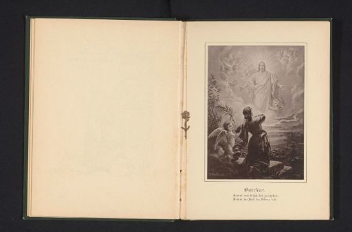 Photographic reproduction of a painting of a woman seen from the back before an appearance of Christ in the heavens