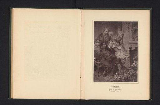 Photographic reproduction of a painting of people around a bed of someone who is ill or dying