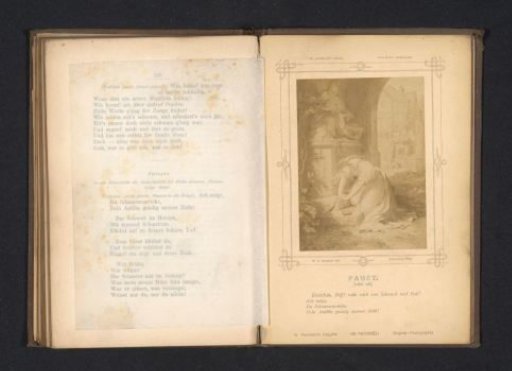 Photographic reproduction of a painting depicting Gretchen falling down before a sculpture of the Pietà