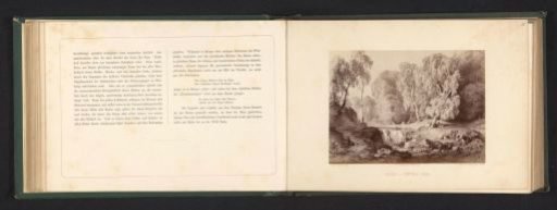 Photographic reproduction of a drawing of a landscape with birches by a river and a meadow with cows