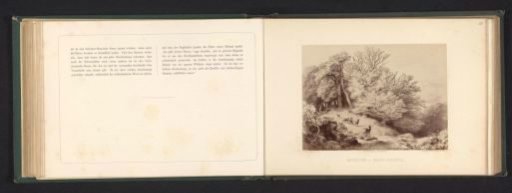 Photographic reproduction of a drawing of a landscape with beeches and deer