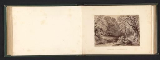 Photographic reproduction of a drawing of a landscape with hornbeams, a river and goats