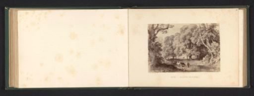 Photographic reproduction of a drawing of a landscape with ashes by a river with cows in it
