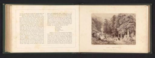 Photographic reproduction of a drawing of a landscape with silver firs and a watermill