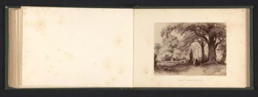 Photographic reproduction of a drawing of a landscape with elms in front of a country house