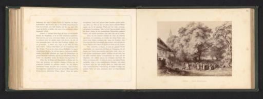 Photographic reproduction of a drawing of a landscape with a lime tree and celebrating people