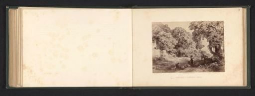 Photographic reproduction of a drawing of a landscape with chestnut trees, a water well, a woman and a shepherd with sheep