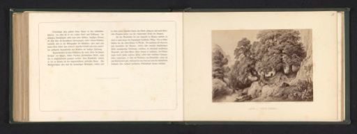 Photographic reproduction of a drawing of a landscape with alpine pines and bears