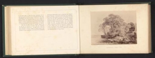Photographic reproduction of a drawing of a landscape with a weeping willow by the water