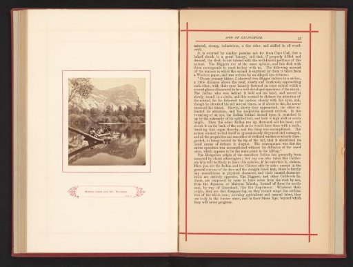 View of Mount Watkins and Mirror Lake in Yosemite Valley with a canoe containing six people