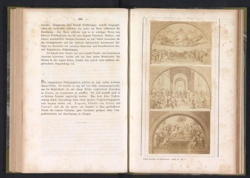 Three photographic reproductions of frescoes depicting the Dispute of the Holy Sacrament, the School of Athens, and Apollo and the Muses on Parnassus