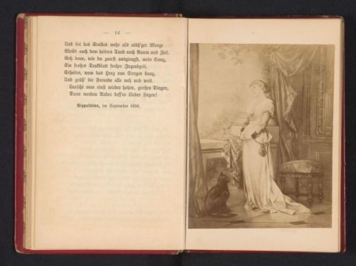 Photographic reproduction of a painting of a scene from The Trumpeter of Säckingen, depicting Maria before a window