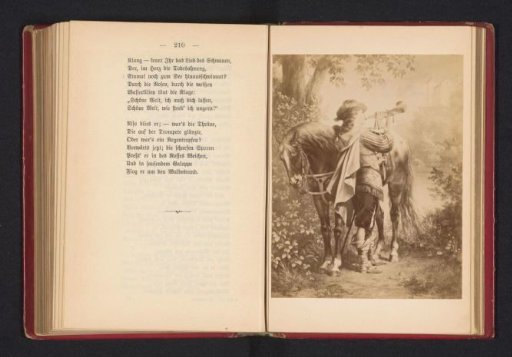 Photographic reproduction of a painting of a scene from Der Trompeter von Säkkingen, depicting the trumpeter beside his horse, taking farewell with his trumpet to his mouth
