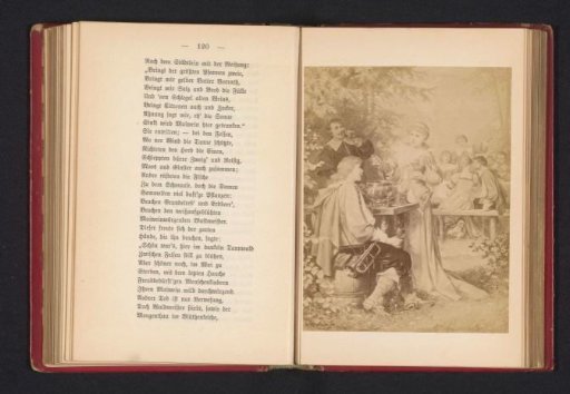 Photographic reproduction of a painting of a scene from Der Trompeter von Säkkingen, depicting the trumpeter drinking in a garden with a group