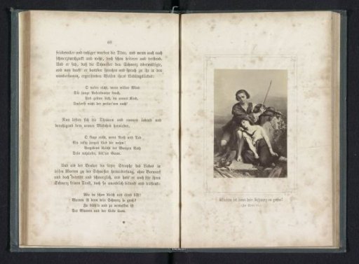 Photographic reproduction of a drawing of a boy with a violin on a rock and a girl sleeping against his knee