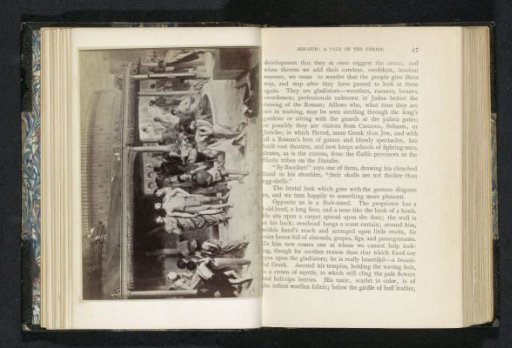 Photographic reproduction of a painting depicting a crowd around the Meta Sudans in Rome